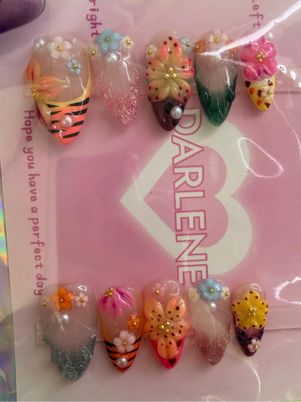 Handmade almond Floral 3D Press-On Nails in Pink, Orange & Green